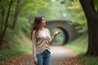 Jeune femme dans la forêt avec papillon sur la main