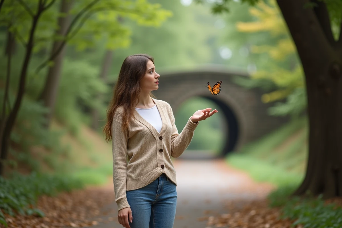 Jeune femme dans la forêt avec papillon sur la main