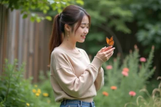 Jeune femme observant un papillon dans un jardin naturel
