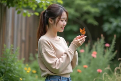 Jeune femme observant un papillon dans un jardin naturel