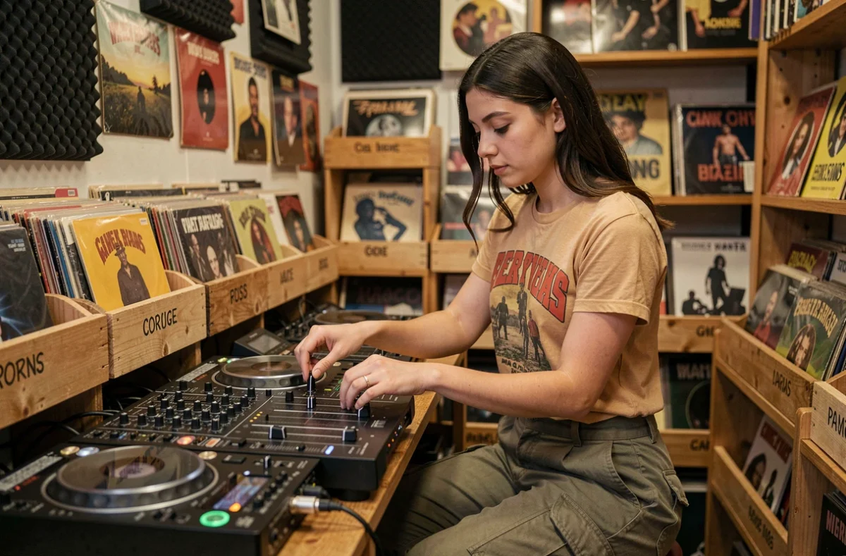 Jeune femme DJ dans un magasin de disques indépendant réglant un mixeur vinyle entourée de crates de musique