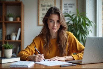 Jeune femme concentrée prenant des notes dans un bureau moderne