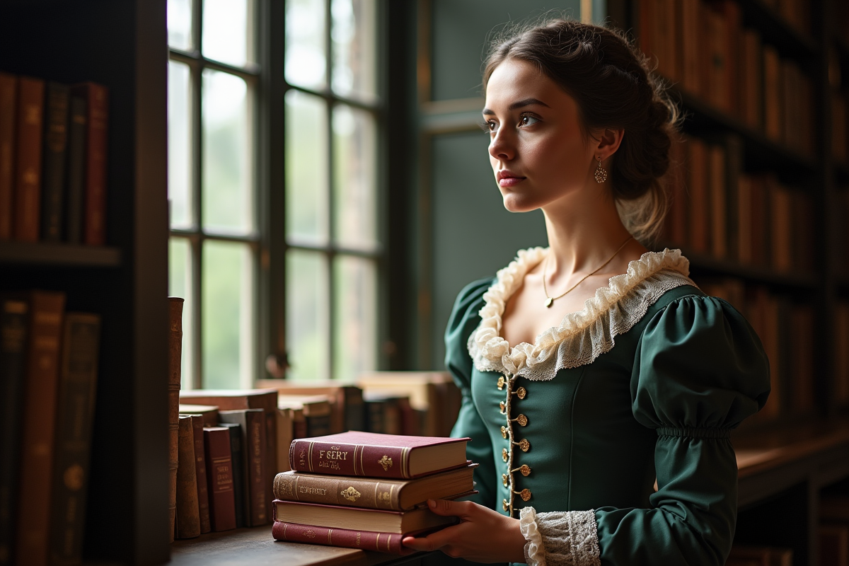 Jeune femme en tenue 19e siècle près d'une grande fenêtre de bibliothèque
