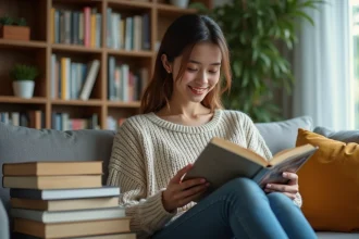 Jeune femme lisant un manga dans un salon cosy