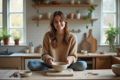 Jeune femme façonnant une coupe en argile dans une cuisine lumineuse