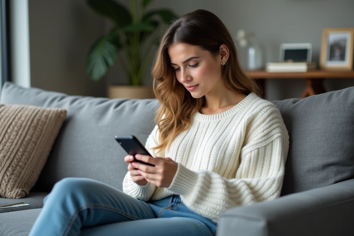 Jeune femme configure sa messagerie sur son smartphone dans le salon