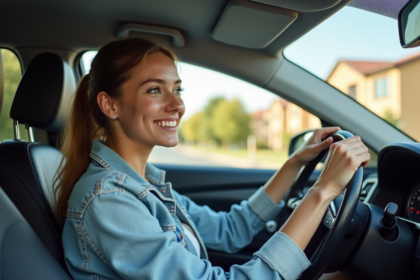 Jeune femme souriante dans sa voiture en ville