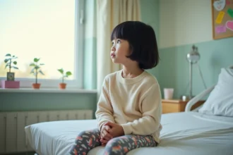 Jeune fille assise sur un lit d'hôpital regardant par la fenêtre