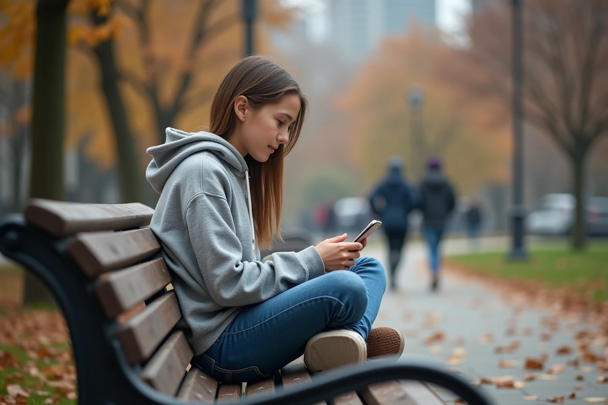 Jeune fille dans un parc urbain regarde son smartphone