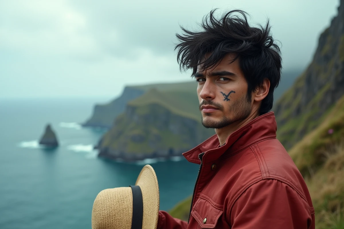 Jeune homme avec cicatrice regardant l ocean depuis la falaise