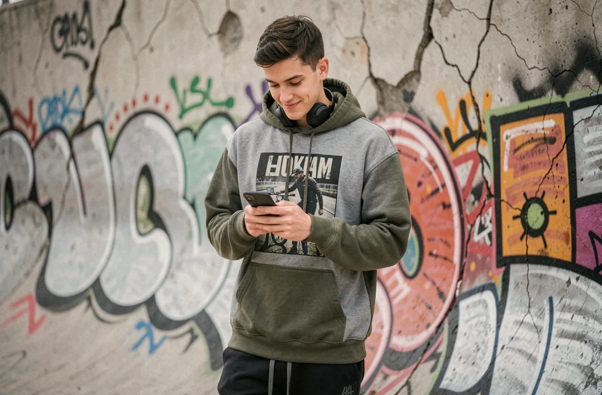 Jeune homme avec casque audio dans un skatepark urbain découvrant un banger sur son smartphone