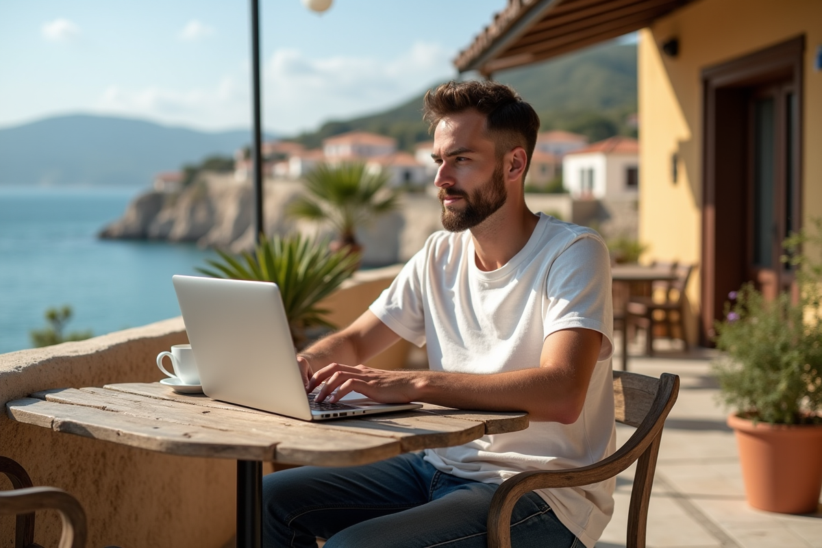 Jeune homme détendu au café côtier