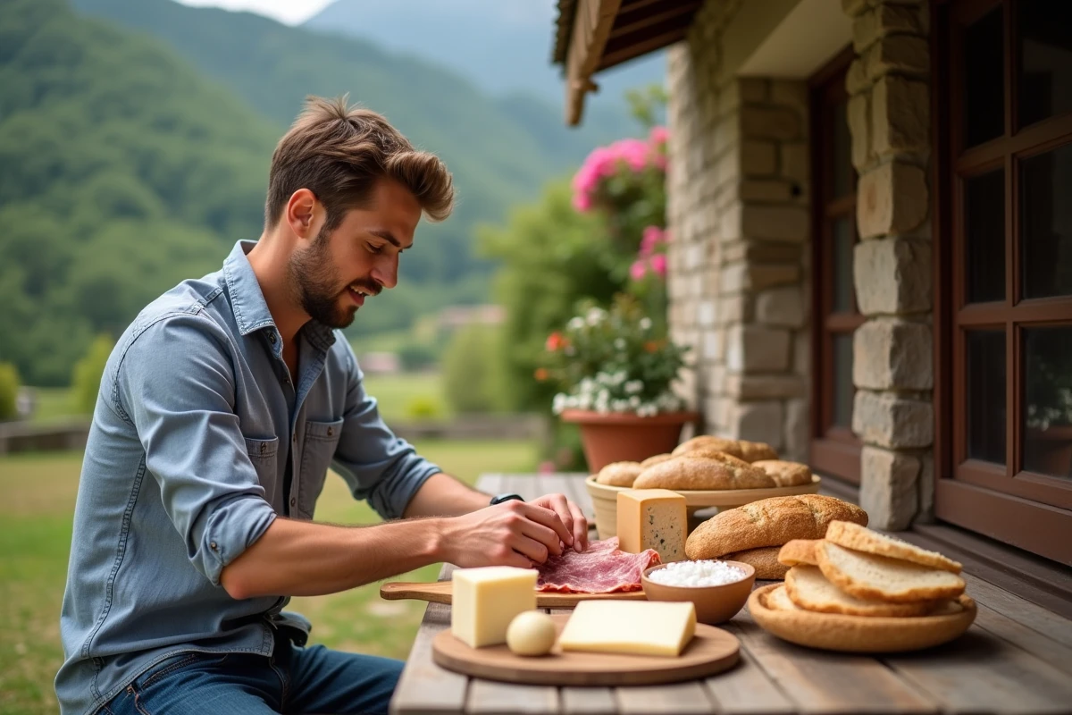 Jeune homme arrangeant fromages et charcuterie devant la vente en plein air