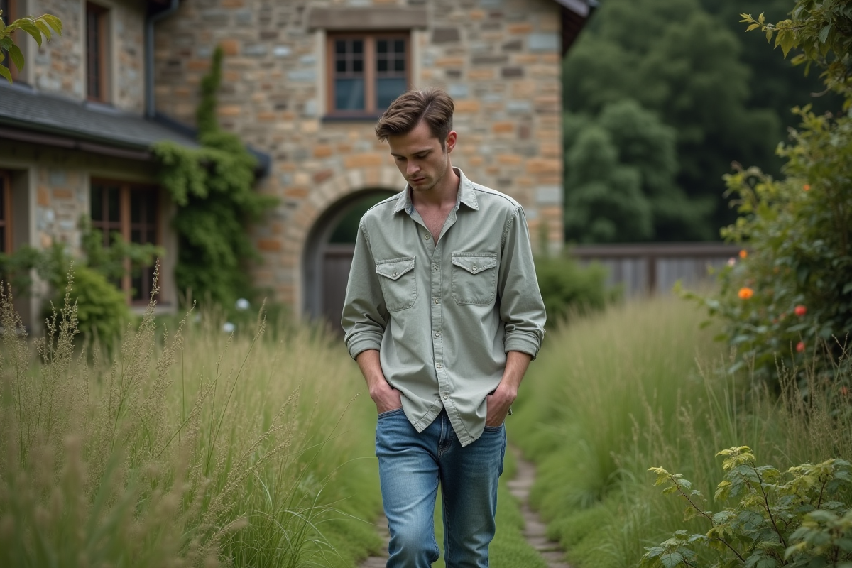 Jeune homme dans un jardin contemplatif et paisible