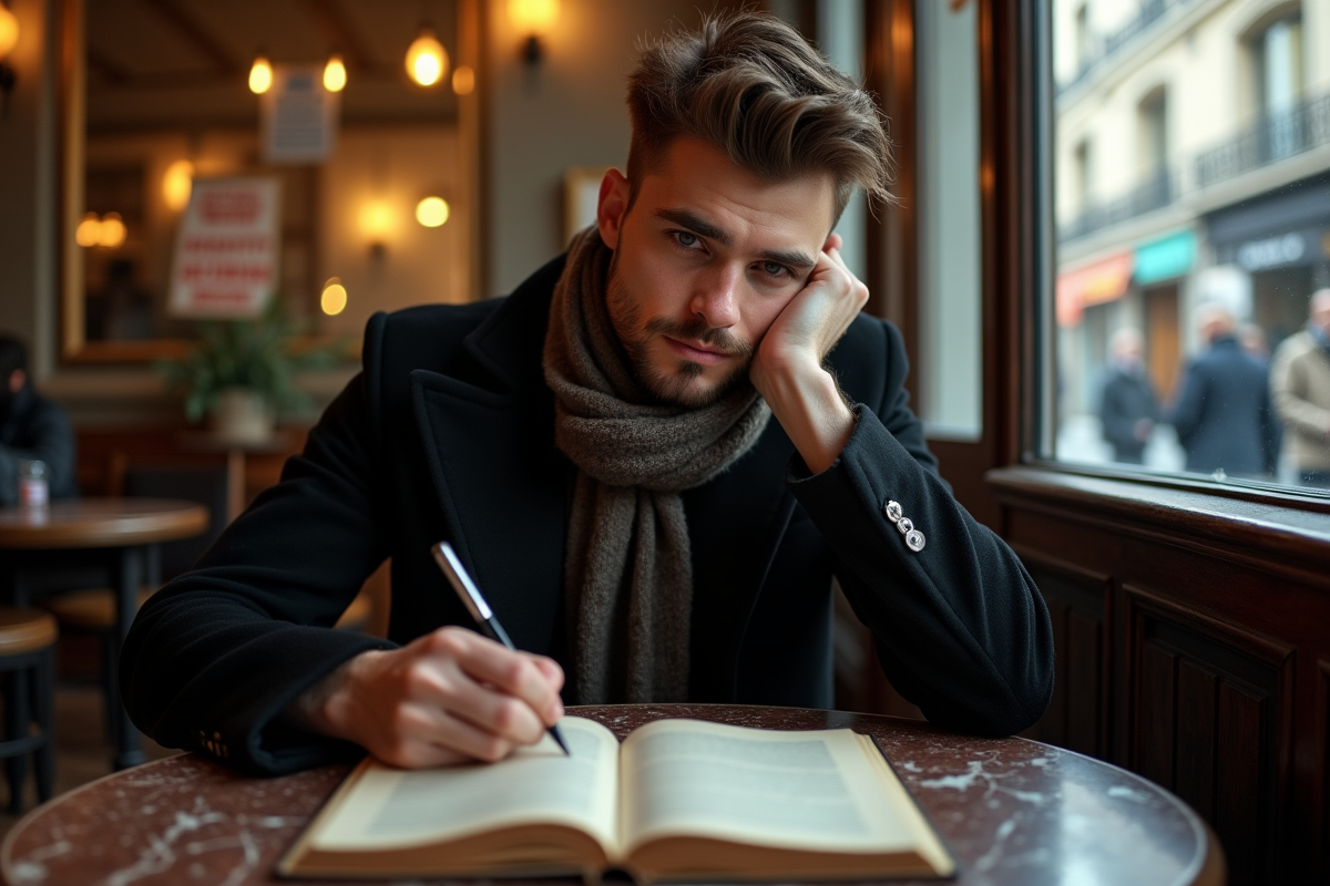 Jeune homme en café écrivant de la poésie à Paris