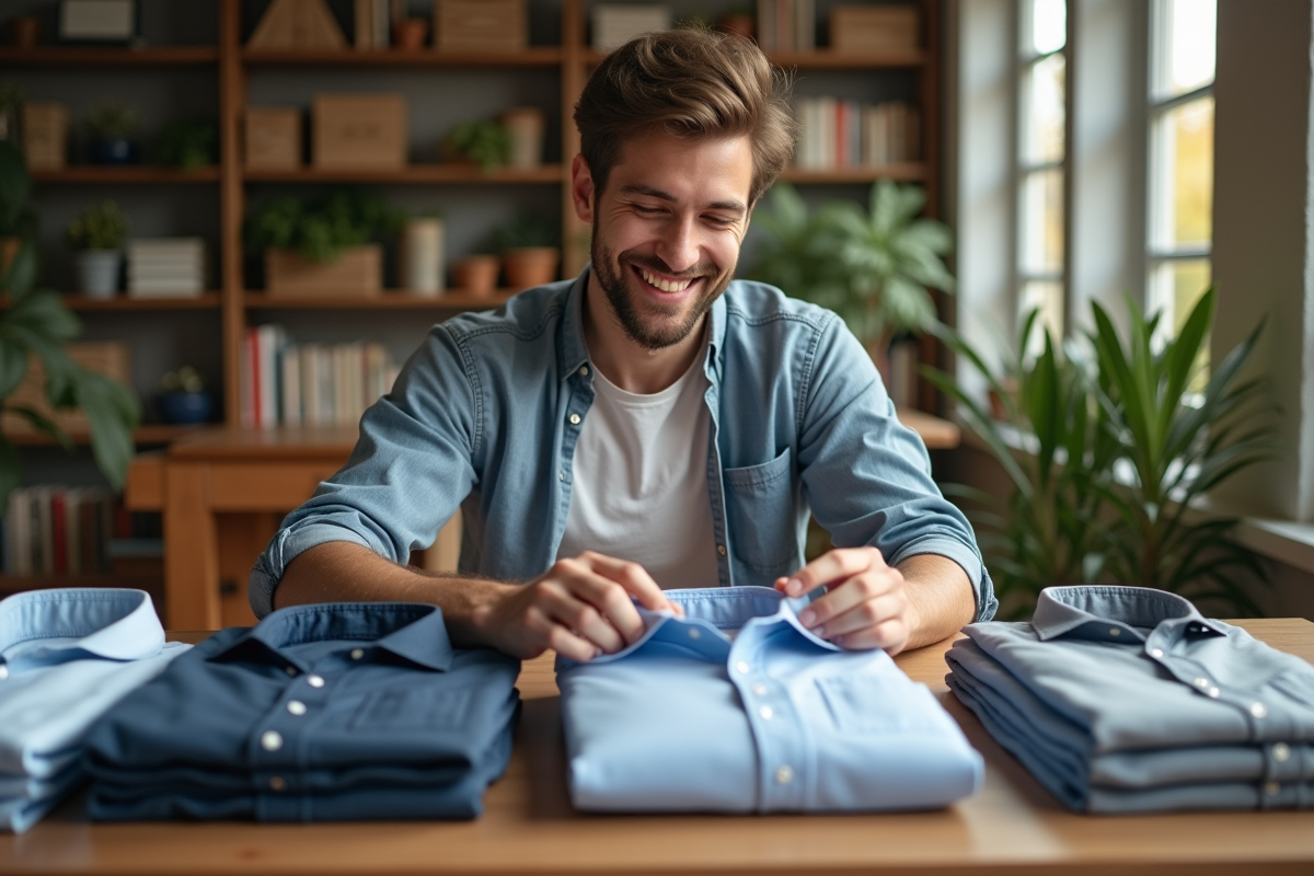 Jeune homme triant des chemises dans un salon lumineux