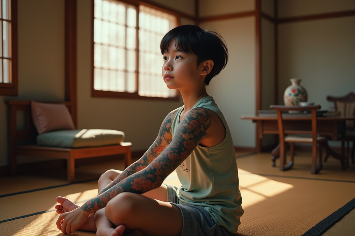Jeune personne avec tatouage japonais coloré en intérieur lumineux