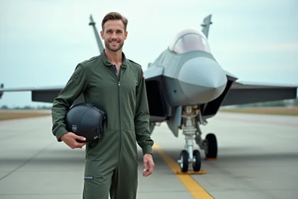 Jeune pilote en tenue moderne avec jet de combat sur la base