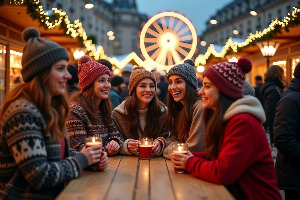 Groupe d amis dégustant du vin chaud au marché de Noël de Lyon
