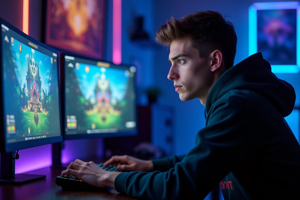 Joueur solitaire analysant la composition d'une équipe sur un écran de jeu RPG avec des fiches de stratégie