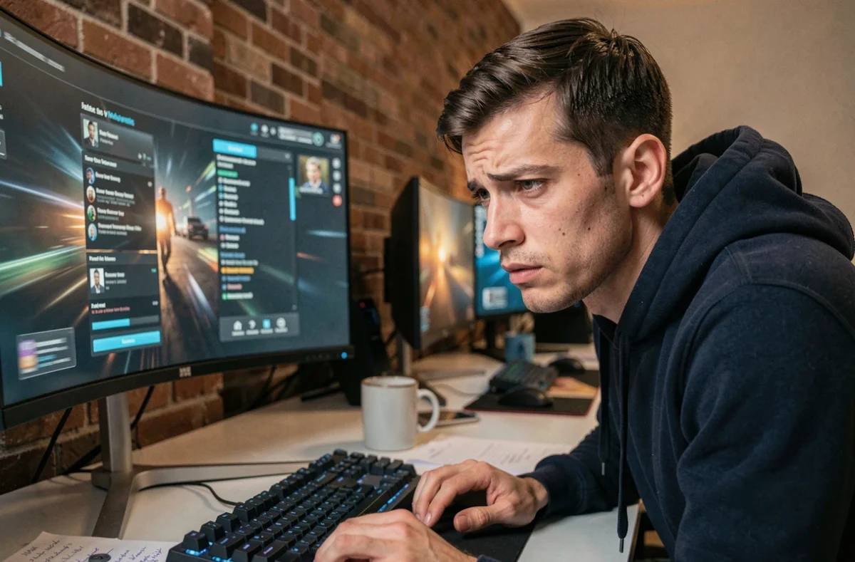 Joueur sceptique analysant l'interface cachée d'un jeu vidéo futuriste sur grand écran courbe dans son bureau