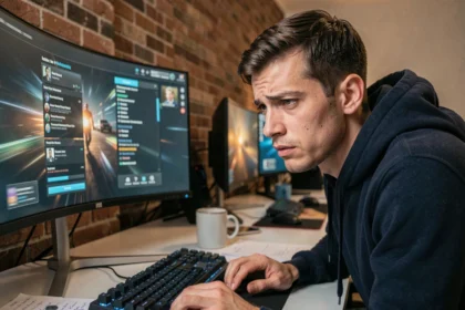 Joueur sceptique analysant l'interface cachée d'un jeu vidéo futuriste sur grand écran courbe dans son bureau