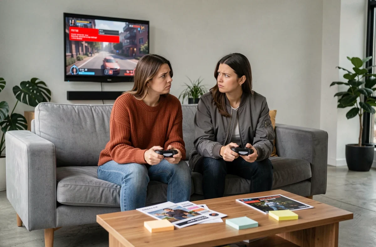 Deux joueuses sceptiques comparant leurs impressions face à un trailer mystérieux d'Aeonscope dans un salon moderne