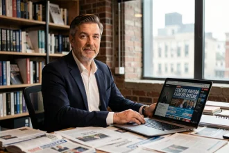 Journaliste engagé assis à son bureau dans une salle de rédaction moderne, entouré de documents et d'un ordinateur portable affichant des titres d'actualité politique