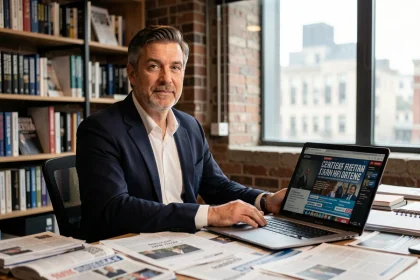 Journaliste engagé assis à son bureau dans une salle de rédaction moderne, entouré de documents et d'un ordinateur portable affichant des titres d'actualité politique