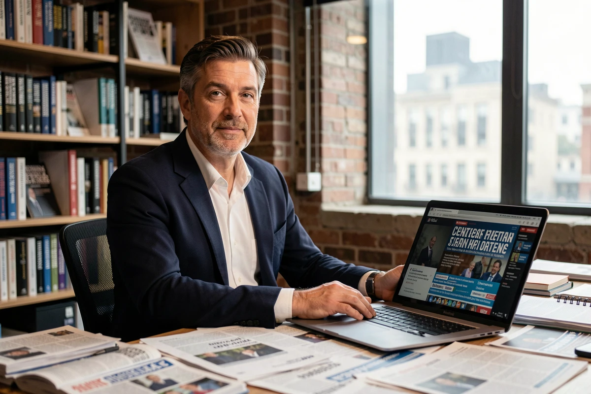 Journaliste engagé assis à son bureau dans une salle de rédaction moderne, entouré de documents et d'un ordinateur portable affichant des titres d'actualité politique