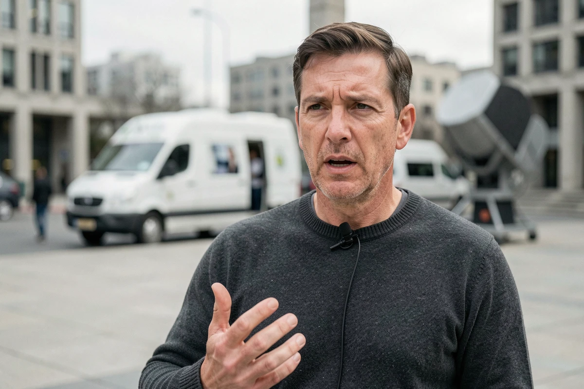 Journaliste interviewé en extérieur sur une place urbaine avec un van de diffusion télévisée en arrière-plan flou, microphone et geste expressif