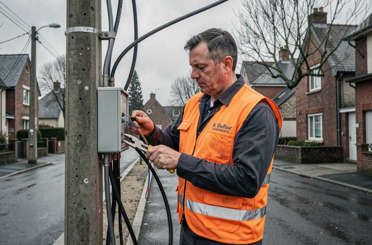 Électricien K Dufour travaillant sur un boîtier électrique extérieur dans une rue du Nord
