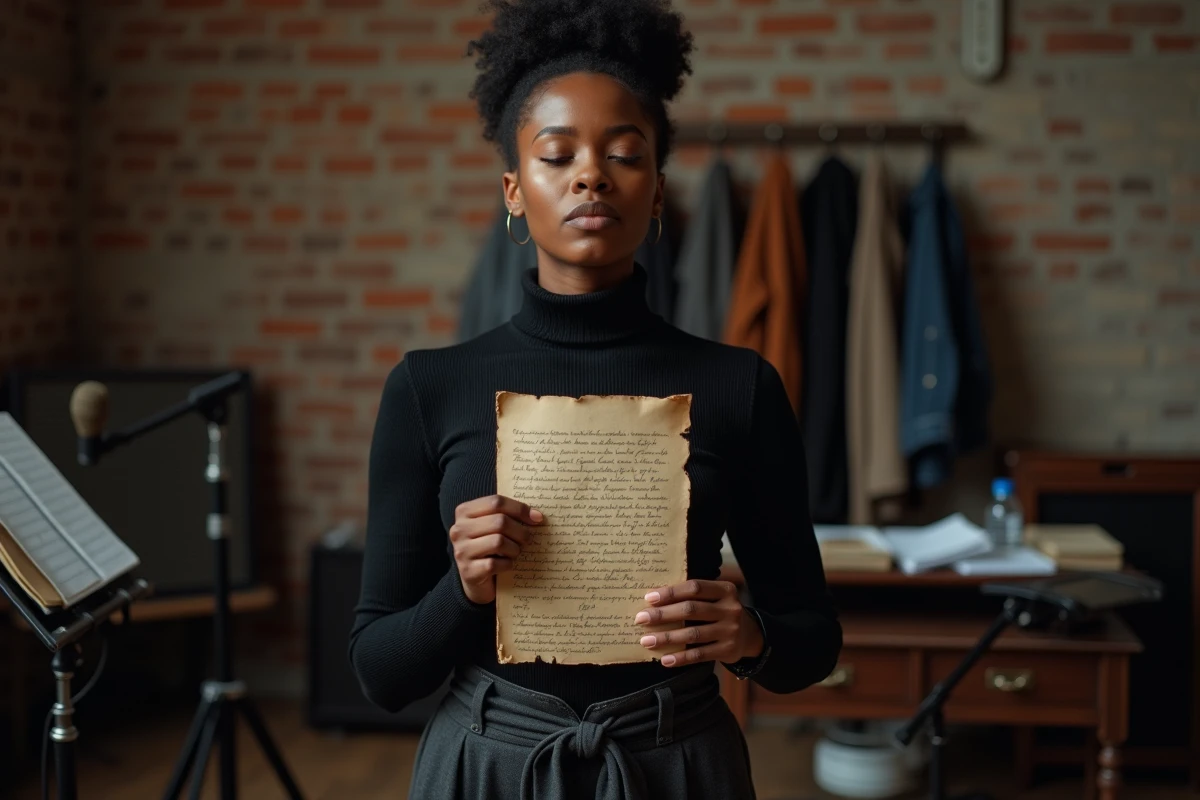 Chanteuse aux origines métissées tenant des paroles manuscrites dans les coulisses d'une salle de répétition, évoquant le parcours artistique et l'histoire personnelle de Lââm