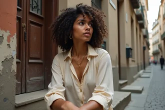 Femme d'origines nord-africaines et subsahariennes assise sur les marches d'un immeuble parisien populaire, regard nostalgique évoquant l'enfance et les racines de la chanteuse Lââm