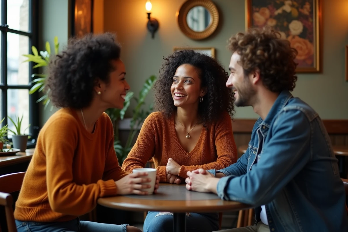 Groupe de trois amis réunis dans un bistrot parisien authentique, conversation animée symbolisant les rencontres décisives dans la carrière et la vie de la chanteuse Lââm