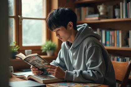 Jeune homme lisant un volume de manga One Punch Man dans une bibliothèque à domicile, illustrant le choix entre lecture numérique et édition papier