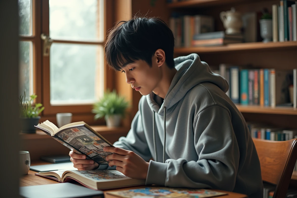Jeune homme lisant un volume de manga One Punch Man dans une bibliothèque à domicile, illustrant le choix entre lecture numérique et édition papier