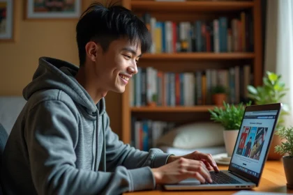 Jeune homme lisant des scans de manga sur un ordinateur portable dans une chambre cosy entourée de volumes manga