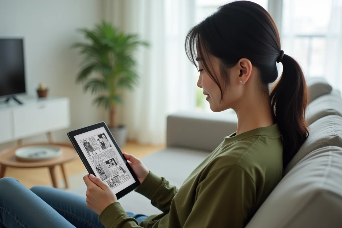 Femme lisant un scan de manga One Punch Man en VF sur tablette dans un salon moderne, comparaison entre lecture numérique et physique