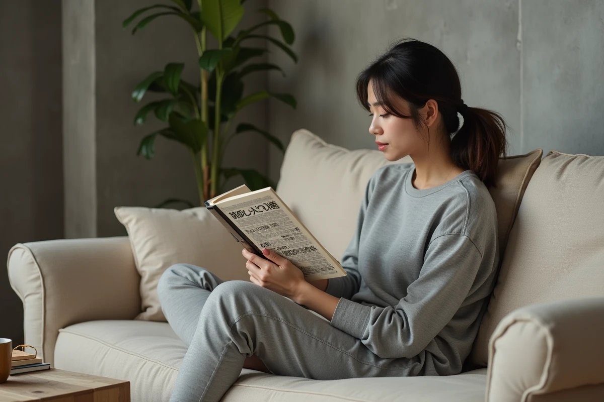 Femme lisant un scan manga en version originale sur tablette tout en tenant la version française imprimée dans un salon cosy