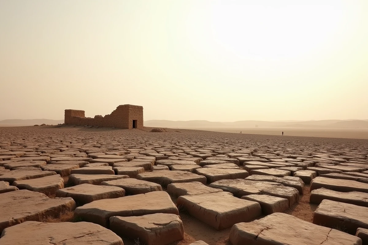 Plateau rocheux du Sahara libyen presque totalement désertique avec des dalles de pierre sombres et des dunes à l'horizon