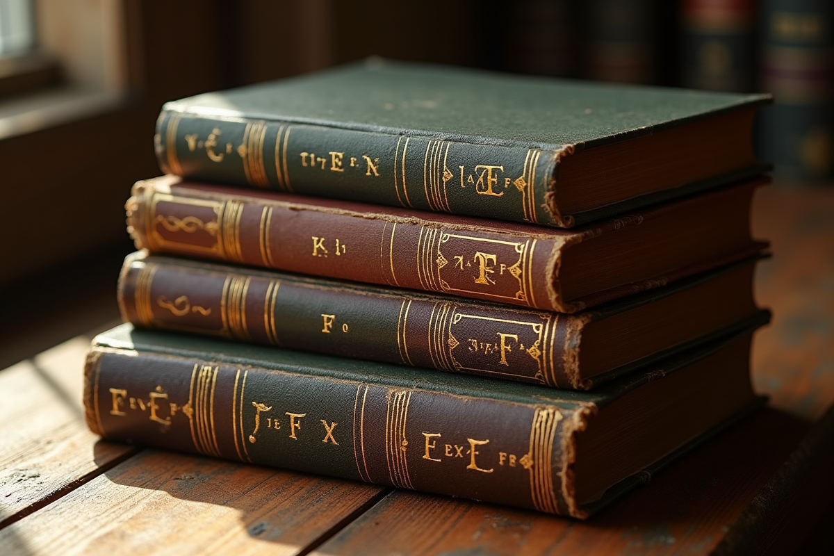 Pile de livres anciens avec titres commençant par F sur une table en bois