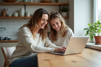 Mère et fille souriantes dans la cuisine moderne