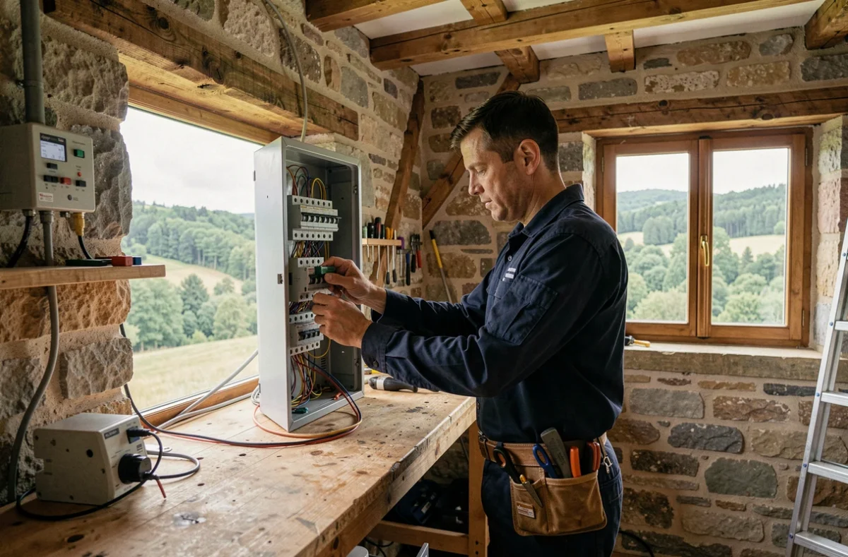 Électricien professionnel travaillant sur un tableau électrique dans une maison des Ardennes