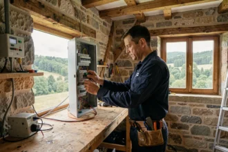 Électricien professionnel travaillant sur un tableau électrique dans une maison des Ardennes