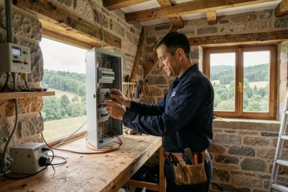 Électricien professionnel travaillant sur un tableau électrique dans une maison des Ardennes