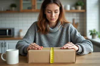 Femme mesurant les dimensions d'un colis avec un mètre ruban jaune sur une table en bois, préparation envoi Mondial Relay