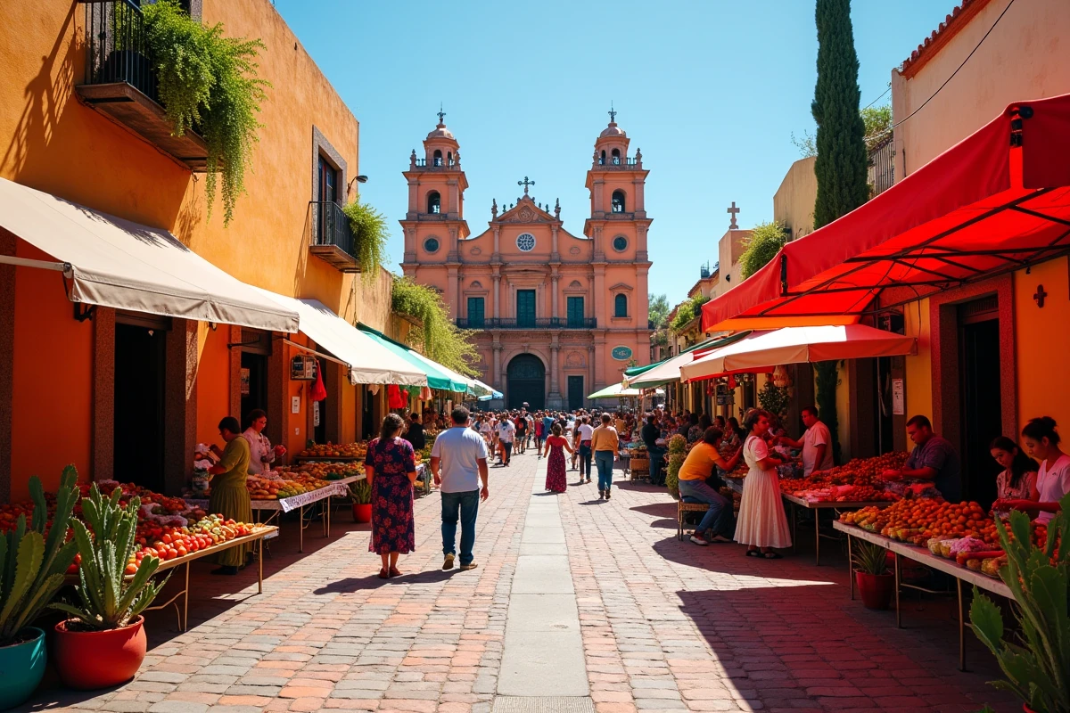 Place de marché mexicaine avec une cathédrale coloniale, des vendeurs en tenues traditionnelles et des étals colorés illustrant le carrefour culturel du Mexique