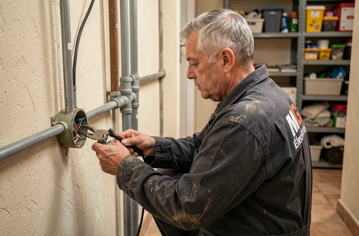 Électricien MG Électricité remplaçant des câbles dans une gaine électrique d'un logement du Nord
