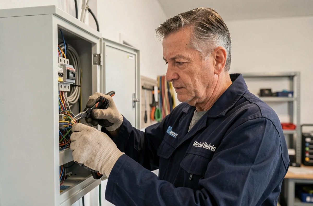 Michel Heinis, électricien professionnel, travaillant sur une installation électrique résidentielle